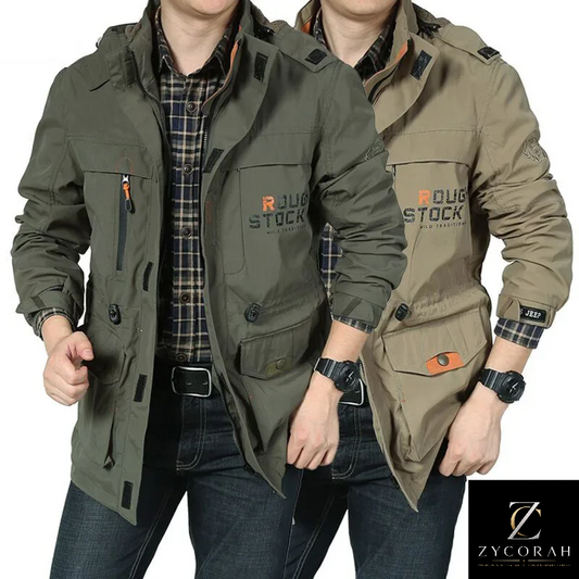 Two men modeling the same style of hooded jacket in different colors against a white studio background. The jacket has a high hood, multiple front pockets, flap details, and visible 'DOUBLE STOCK' branding on the chest.