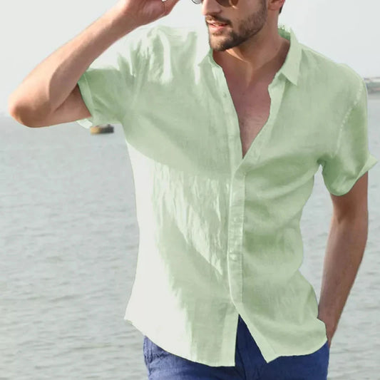 Men’s casual short sleeve cotton linen shirt with lapel collar and buttons, solid color, vintage vacation style, available in sizes M to 3XL - light green