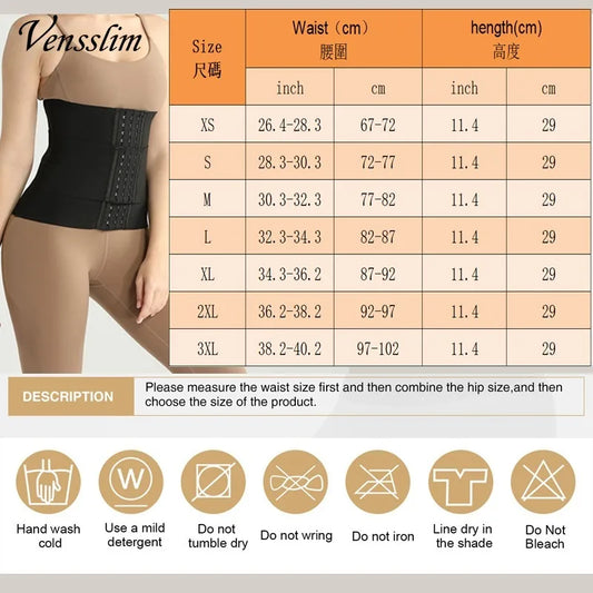 Vensslim waist trainer size chart with measurements and care instructions.