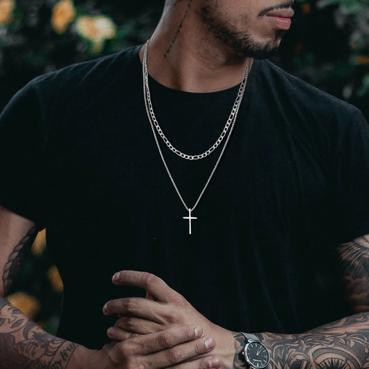 Vnox stainless steel layered men’s cross pendant necklace with rope chain - 02
