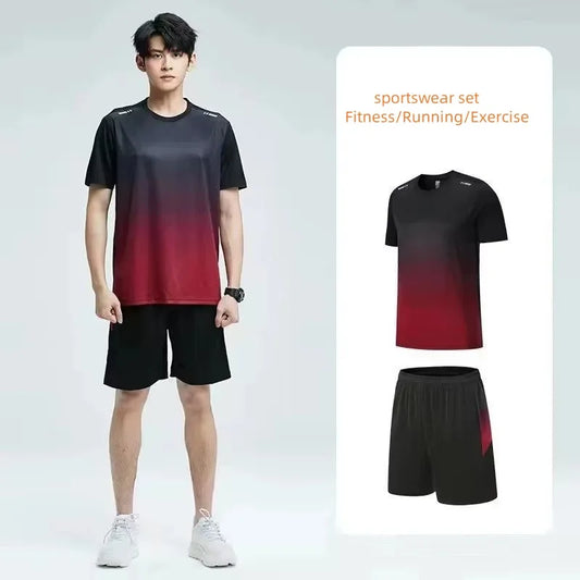 Person wearing a black and red gradient sports outfit with text indicating fitness and exercise use.