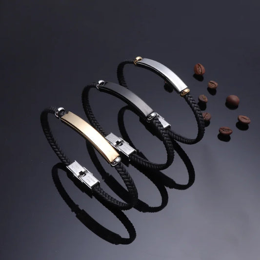 Personalized thin leather ID bracelet with custom name plate for men and women – stainless steel, punk-style accessory + 3 sets
