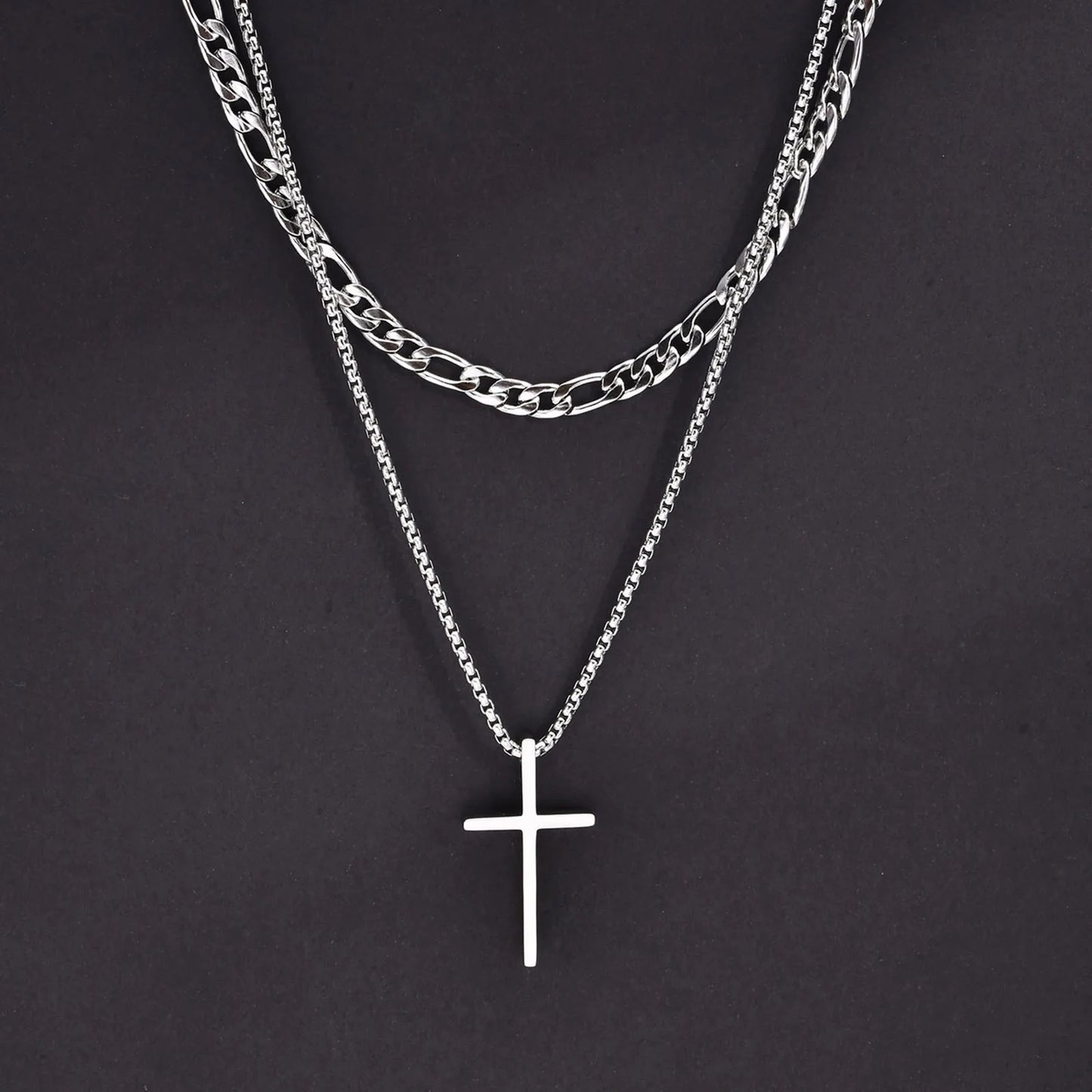 Vnox stainless steel layered men’s cross pendant necklace with rope chain - black background
