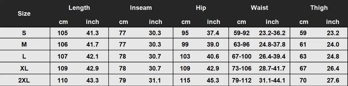 Table displaying clothing size chart with measurements in centimeters and inches.
