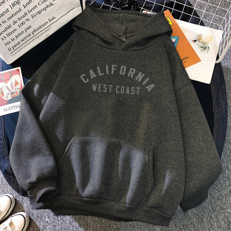 Women's California West Coast loose hoodie with creative pattern and fleece lining -dark gray