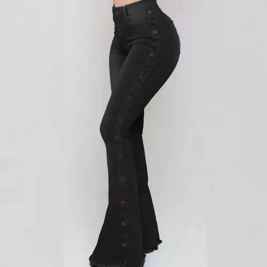 Black flared jeans on a white background