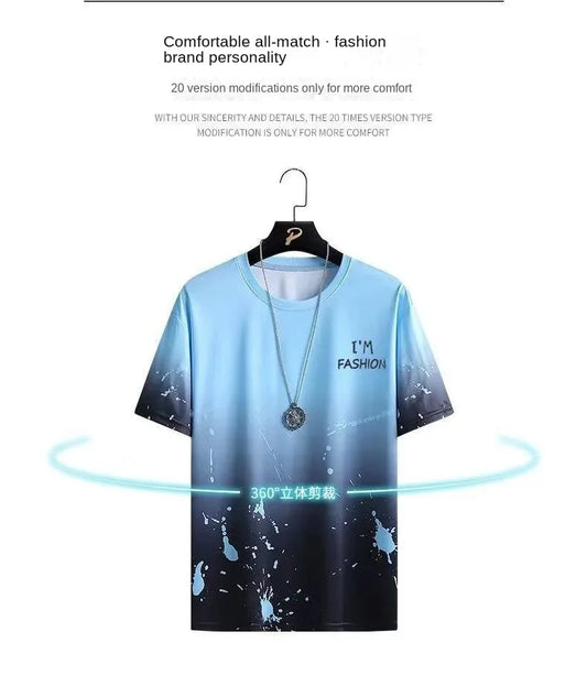 Blue gradient t-shirt with text on a hanger against a white background