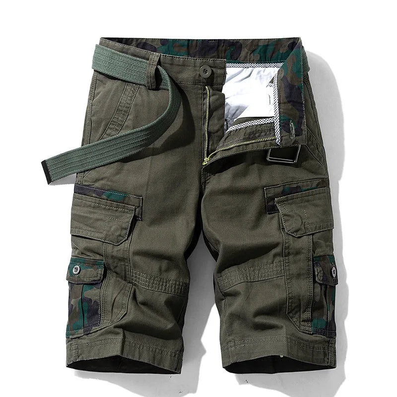 Men's 100% cotton camouflage cargo shorts knee-length relaxed fit outdoor utility shorts with multiple pockets 9563