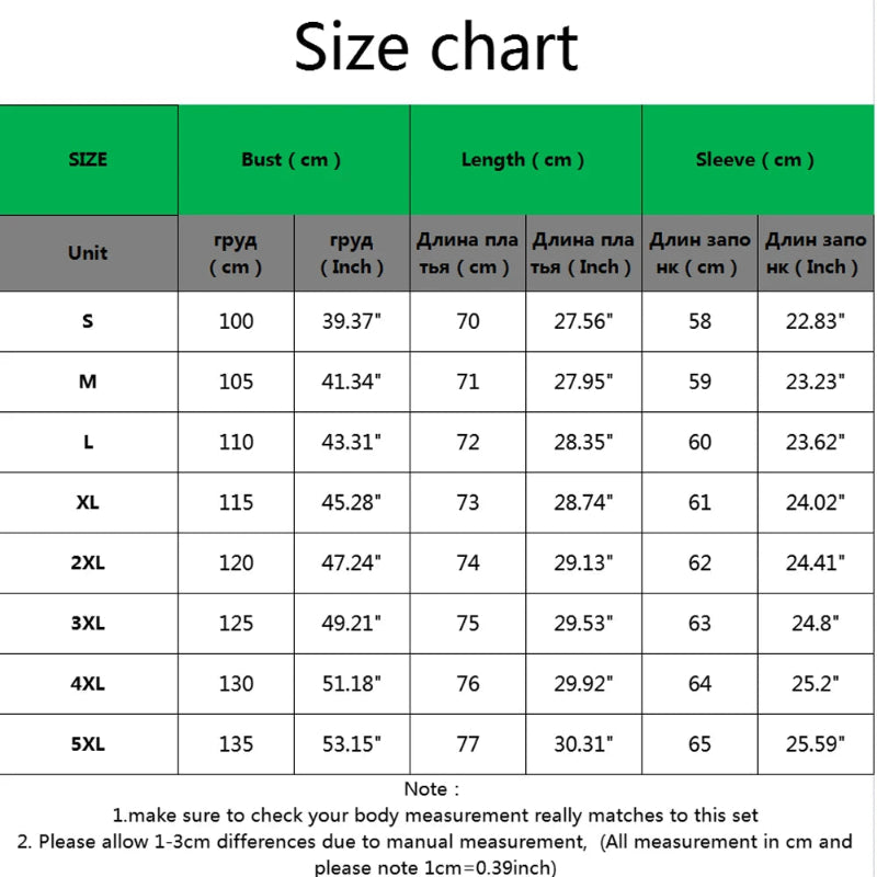 A size chart table with columns for Bust (cm), Length (cm), and Sleeve (cm) across sizes S to 5XL, with green headers and black text on a white background.
