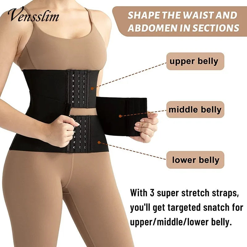 Person wearing a black waist trainer with labeled sections on a white background, featuring the brand 'Vensslim'.