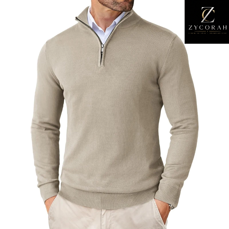 Men's lightweight quarter-zip knit sweater with mock neck, available in black, navy, white, khaki, gray, wine red, pink, and light gray for business casual and everyday wear. beige