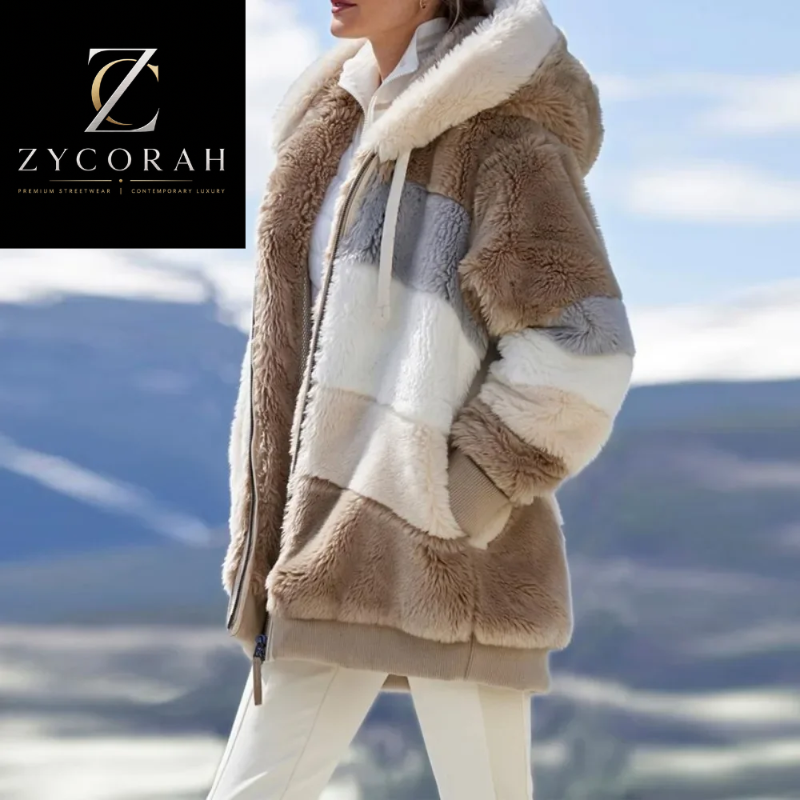 A woman wearing a plush faux-fur hooded jacket with large color-blocked panels in beige, cream, white, and light gray, photographed outdoors against a blurred mountain landscape. A black square logo in the top-left reads ZYCORAH.