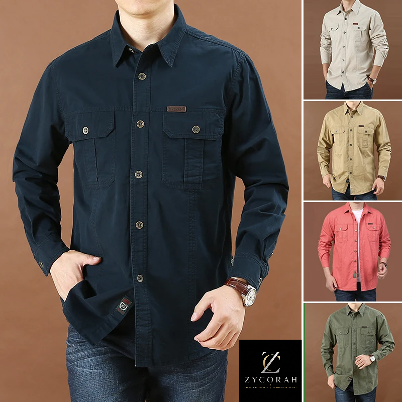A man wearing a dark navy long-sleeve button-up shirt with chest flap pockets, shown against a brown studio background. Four smaller side panels show the same shirt in other colors: light beige, tan, coral red, and olive green.