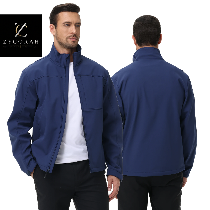 A man modeling a navy blue zip-up jacket, shown from both the front and back views against a white background. A black square logo for 'Zycorah' is visible in the top-left corner.