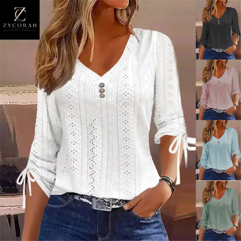 A woman wearing a white eyelet knit V-neck blouse with three-quarter sleeves, tie details at the cuffs, and a button placket. The main image is on the left, with four smaller color variant thumbnails on the right showing the blouse in gray, pink, blue, and mint green.