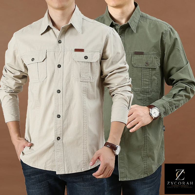 Two men modeling long-sleeve button-up shirts against a solid brown background. The shirt on the left is a light beige/khaki color, and the shirt on the right is an olive green.