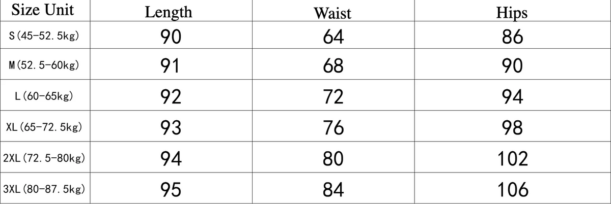 A size chart table showing measurements in centimeters for Length, Waist, and Hips by size units S through 3XL, with English, Arabic, and Spanish labels.