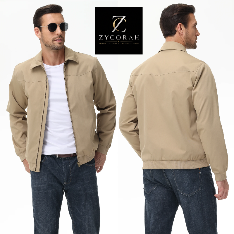 A men's lightweight jacket shown in front and back views on a male model. The jacket is a light tan/khaki color, worn over a white t-shirt and dark blue jeans.