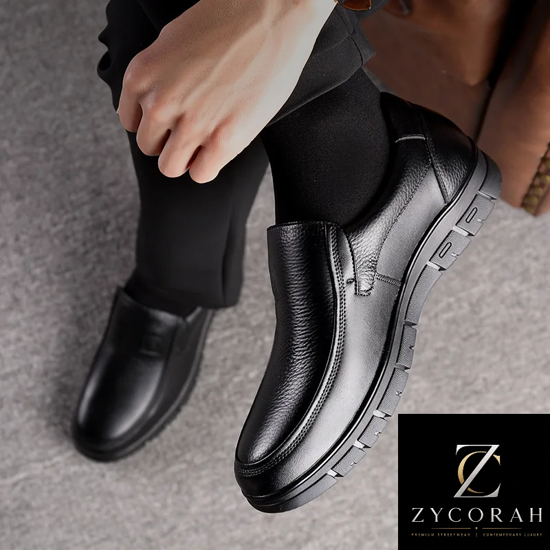 Men's genuine leather slip-on loafers with a lightweight cushioned sole and non-slip outsole, available in black and brown.