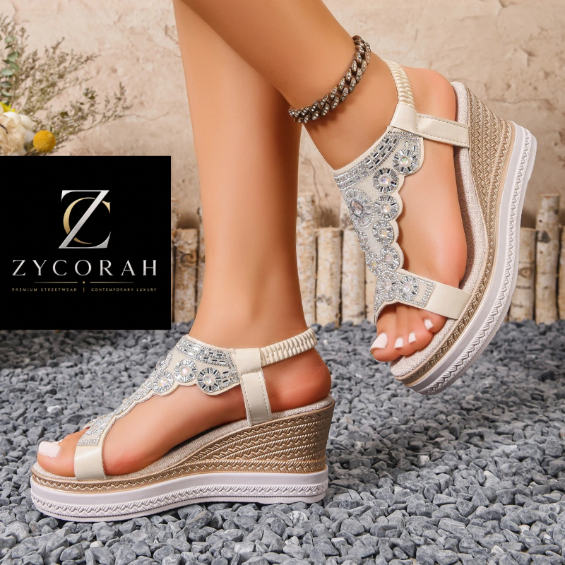A pair of women's platform wedge sandals with scalloped lace uppers and silver rhinestone embellishments, shown on a model's feet over a gray gravel surface. A black brand logo card for ZYCORAH is visible on the left side.