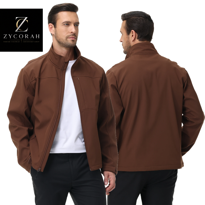 A man modeling a brown zip-front jacket, shown from both front and back angles against a white background. The Zycorah brand logo is visible in the top-left corner.
