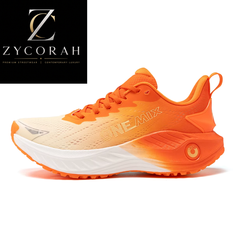 A single athletic sneaker shown on a clean white background with a black brand logo panel in the top-left corner. The shoe has a gradient colorway transitioning from warm cream/beige at the toe to bright orange at the heel and collar, with a thick white midsole and orange outsole.