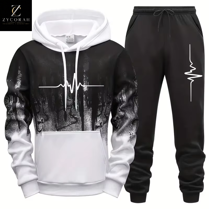 A two-piece men's tracksuit set consisting of a black and white gradient hoodie with a heartbeat line graphic and matching black joggers with a white heartbeat line on the thigh, displayed on a white background with a ZYCORAH brand logo in the top-left corner.