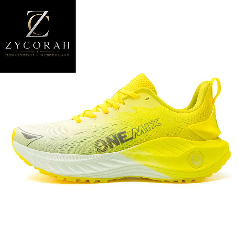 A bright yellow and white athletic sneaker shown in a side profile on a white background, with a ZYCORAH logo in the top-left corner.