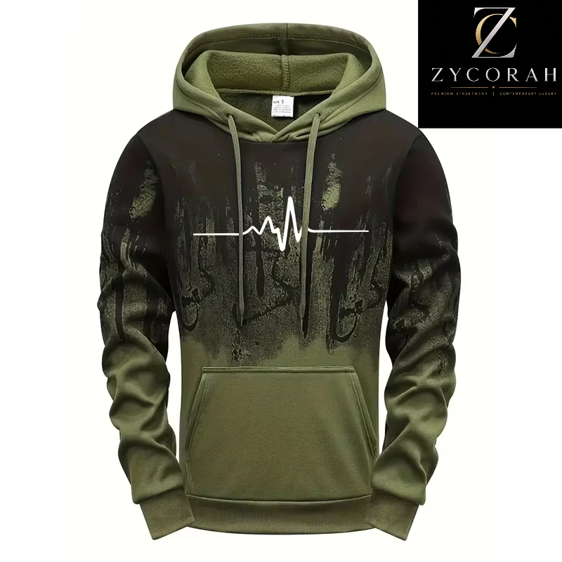 An olive green and black gradient hoodie with a white EKG heartbeat line graphic across the chest, displayed on a white background with a ZYCORAH brand logo overlay in the top right corner.