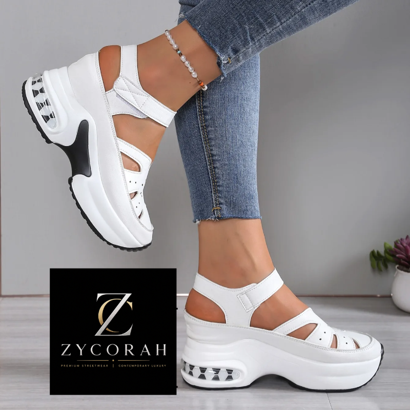 White platform cutout sandals with ankle straps, shown on a model wearing blue jeans. A black brand logo card for ZYCORAH is displayed in the lower-left corner.