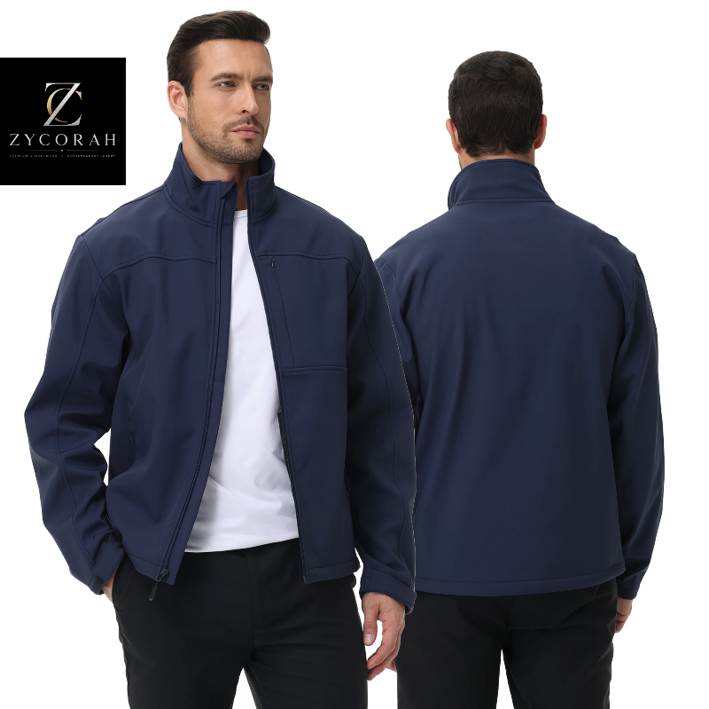 A man modeling a navy blue zip-front jacket, shown from both front and back angles against a white background. A Zycorah logo appears in the top-left corner.
