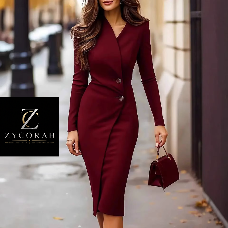 A woman wearing a fitted long-sleeve V-neck midi dress in deep burgundy, holding a matching structured handbag on a city sidewalk. A black brand panel reading ZYCORAH appears in the lower left.
