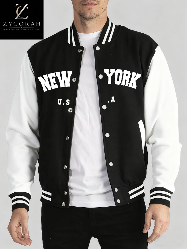 Men's New York varsity baseball jacket with letter print, ribbed collar, and relaxed fit for casual streetwear, available in multiple colors.