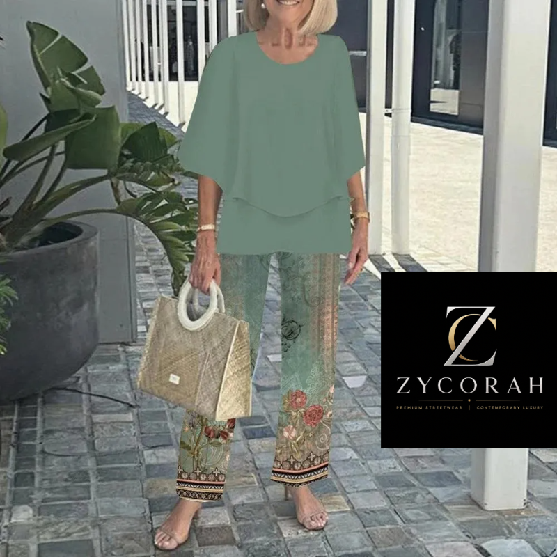 A woman models a two-piece sage green lounge set consisting of a short-sleeve top and matching patterned pants with floral prints. She is holding a woven handbag and standing on a stone patio next to a potted plant, with a Zycorah brand logo overlay in the bottom right corner.