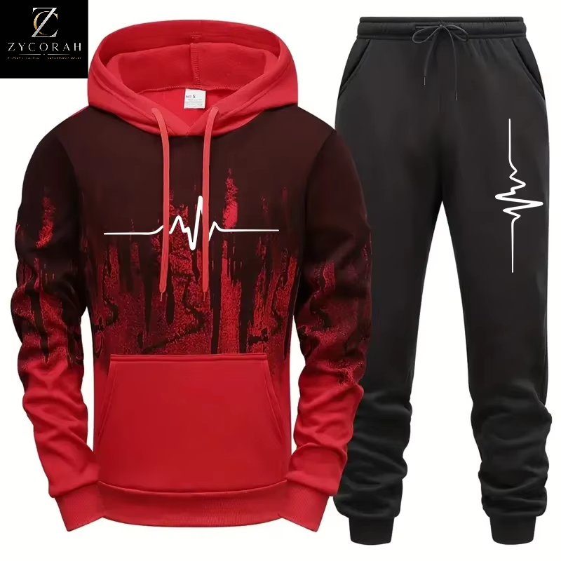 A two-piece athletic tracksuit set featuring a red and black gradient hoodie with a white heartbeat line graphic across the chest, paired with black jogger pants that have a matching white heartbeat line on the left leg. The Zycorah brand logo is visible in the top-left corner.