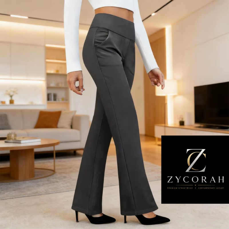 A model wearing dark gray high-waisted flare pants with a wide waistband, paired with a white long-sleeve crop top and black heels, shown in a modern living room setting. A brand logo for ZYCORAH is displayed in the bottom right corner.