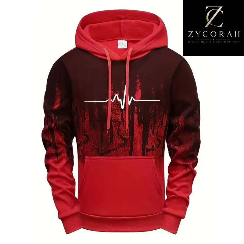 A men's pullover hoodie in red and black, featuring a white EKG heartbeat line graphic across the chest over a dark forest pattern. The hoodie has a solid red hood, sleeves, and front pocket, with a black background and a Zycorah brand logo in the top right corner.