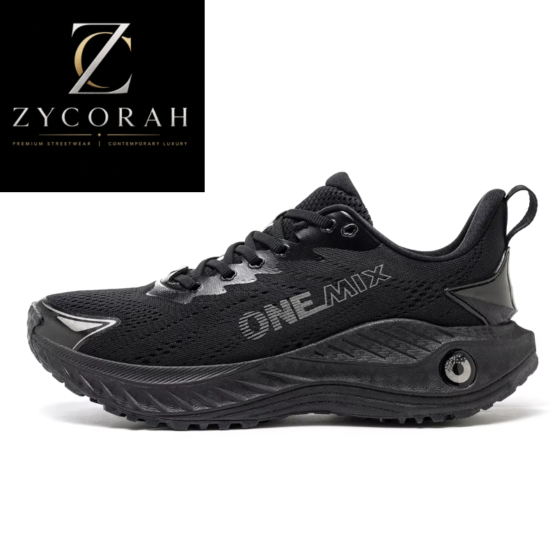 A black athletic sneaker with a textured mesh upper, black laces, and a chunky black sole, shown in profile against a white background. A black square logo in the top-left corner displays 'Zycorah' with gold and white lettering.