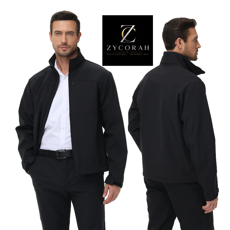A man modeling a black zip-front jacket in two views: front and back. He is wearing a white dress shirt and black trousers.