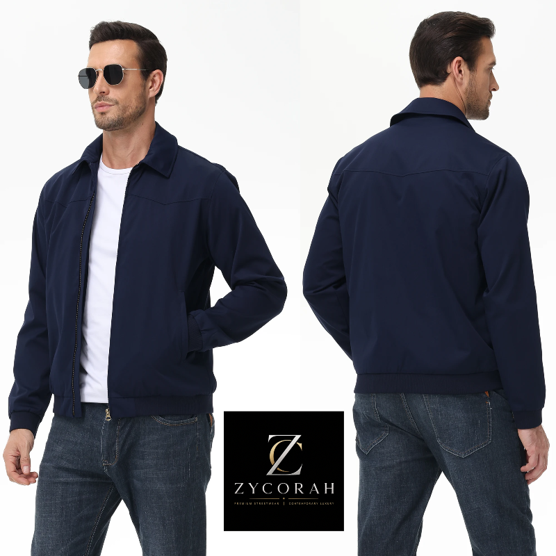 A man modeling a navy blue zip-front jacket, shown from both the front and back against a clean white background. He is wearing a white t-shirt and blue jeans, with the Zycorah brand logo displayed at the bottom center.