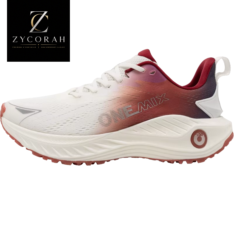 A white and red gradient running shoe with 'ONE-MIX' printed on the side, shown in profile against a white background. A black square logo for ZYCORAH is in the top-left corner.