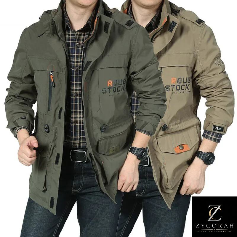 Two men modeling the same style of hooded jacket in different colors against a white studio background. The jacket has a high hood, multiple front pockets, flap details, and visible 'DOUBLE STOCK' branding on the chest.
