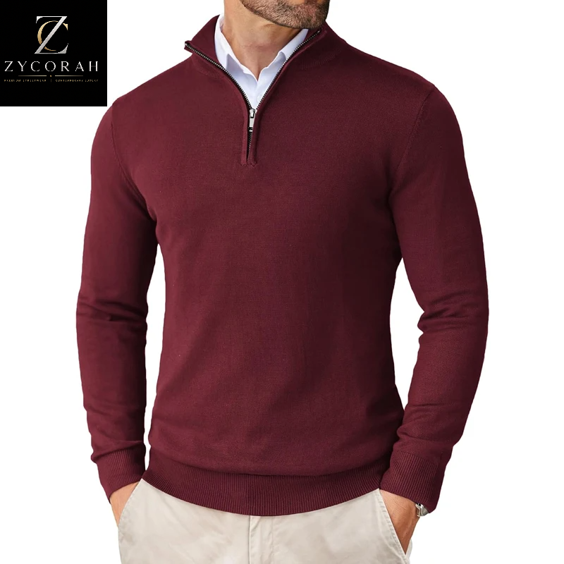 Men's lightweight quarter-zip knit sweater with mock neck, available in black, navy, white, khaki, gray, wine red, pink, and light gray for business casual and everyday wear. red