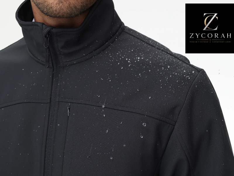 Close-up of a man wearing a black waterproof jacket with water droplets on the chest, showing the Zycorah brand logo in the top right corner.