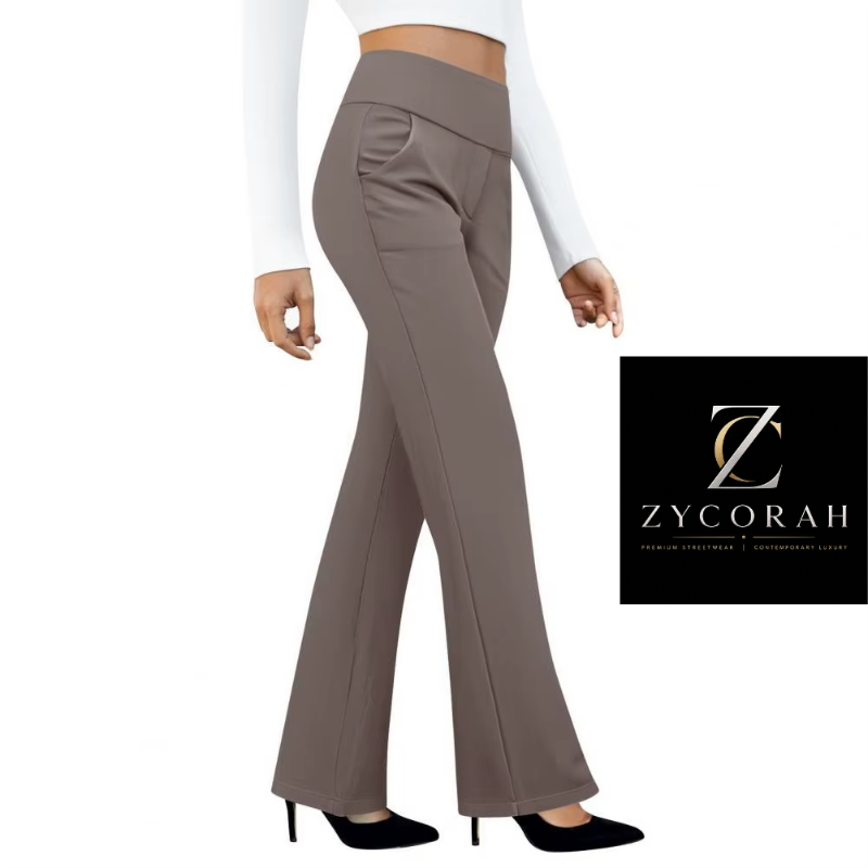 A model is shown from the waist down wearing Zycorah high-waisted, straight-leg flared pants in a taupe brown color, styled with a white long-sleeve top and black heels. A black brand logo overlay for Zycorah is visible on the right side of the image.