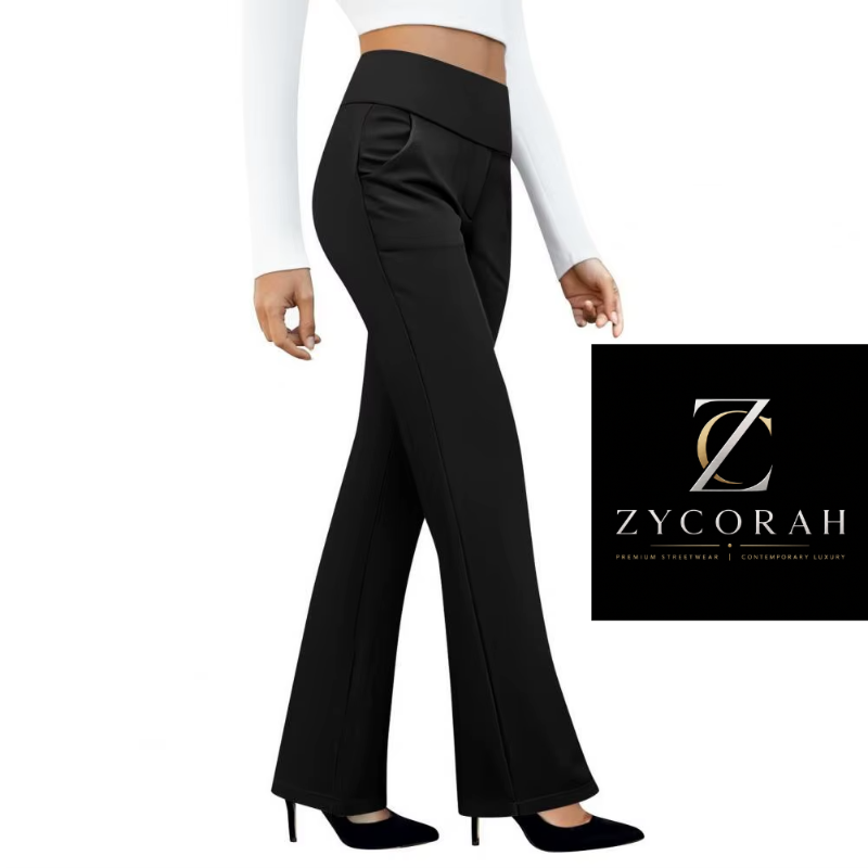 A model wearing black high-waisted flare pants with a wide waistband, paired with a white long-sleeve crop top and black heels, shown against a white background with a Zycorah brand logo overlay.