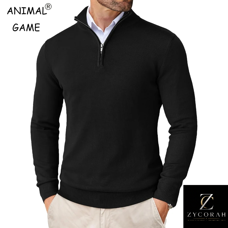 Men's lightweight quarter-zip knit sweater with mock neck, available in black, navy, white, khaki, gray, wine red, pink, and light gray for business casual and everyday wear.