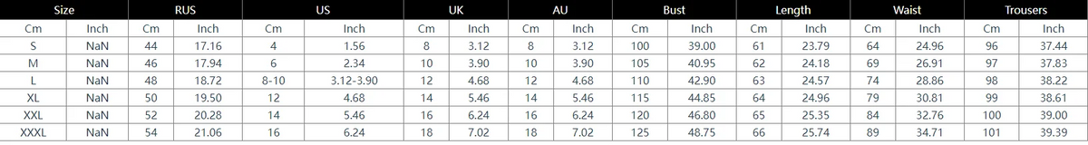 A size chart table for a surfboard, showing measurements in centimeters and inches for sizes S to XXL, with a small color swatch of the surfboard at the top right.