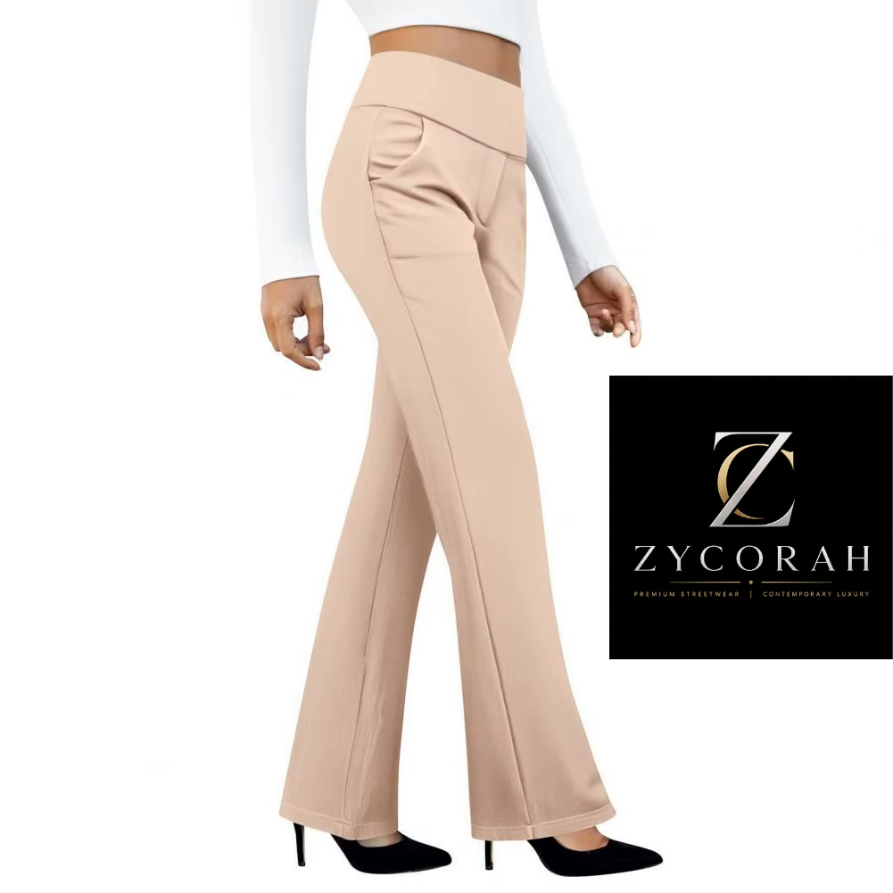 A model wearing high-waisted, wide-leg beige pants with a white long-sleeve crop top and black heels, shown against a white background with a black Zycorah brand logo in the lower right.
