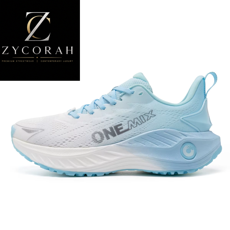 A white and light blue athletic sneaker shown in a side profile on a white background, with the ZYCORAH brand logo in the top-left corner.